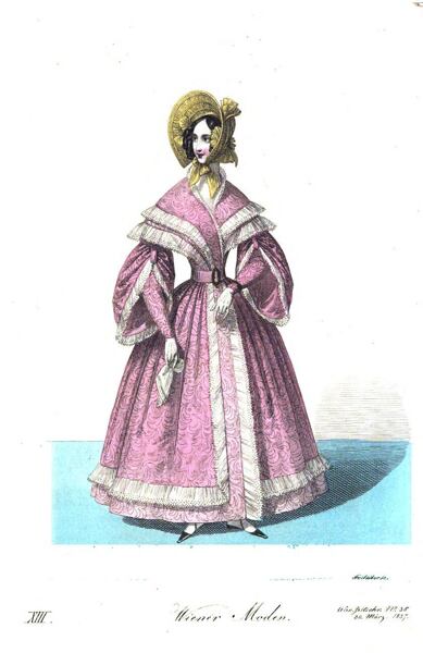Dress in percale (a densely woven, cotton fabric) with decorative stripes of embroidered batiste. Poke bonnet in silk gros de Naples with taffeta ribbon. Wiener Zeitschrift fashion insert, March 1837.