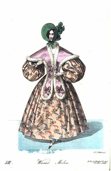 Winter dress in printed wool muslin with a pink satin pelerine trimmed in white. Wiener Zeitschrift fashion insert, December 1835.