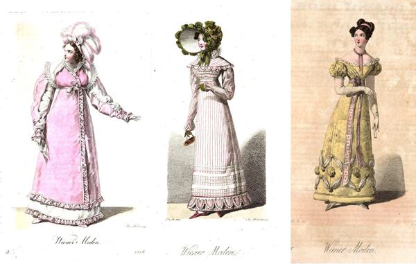 Illustrations from the fashion insert for Wiener Zeitschrift. Left to right: 1816, 1820, 1821.