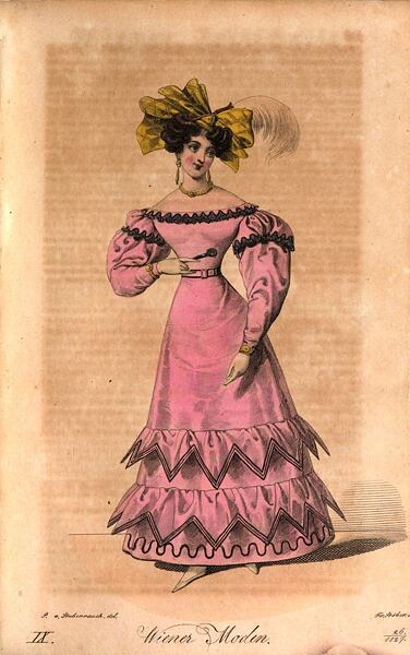 Cashmere dress. Neckline and gigot sleeves trimmed with black lace. Wiener Zeitschrift fashion insert, March 1827.