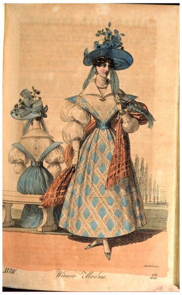 Dress in muslin and batiste with exaggerated, puffed sleeves. Wiener Zeitschrift fashion insert, July 1830.