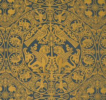 Persian damask with winged lions and eagles in roundels, pure silk, teal