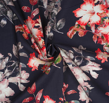 Cotton batiste dress fabric with floral print, dark blue, 0.5m