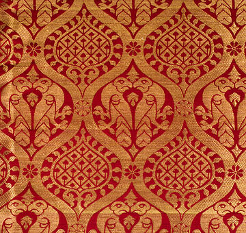 Brocade with birds in ogee pattern, handwoven silk with gold, crimson, 1.2m