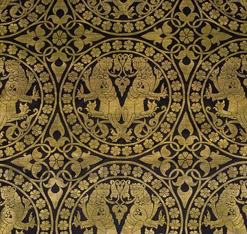 Anatolian brocade with lions in medallions, handwoven silk with gold, black
