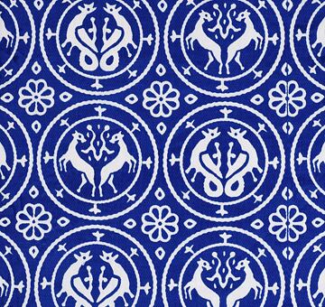 Griffins and goats in roundels, block print fabric, natural indigo