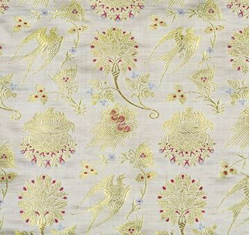Brocade swallows and radiant clouds, handwoven silk with gold, cream