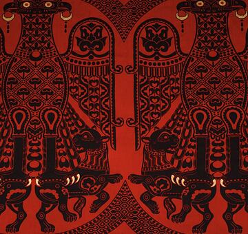 Byzantine silk with two-headed eagle and lions, hand printed, red