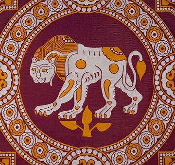 Byzantine samite with lions of Saint Julian, silk cotton, purple
