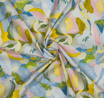 Cotton batiste dress fabric with floral print, blue and yellow