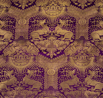Brocade with radiant stags, handwoven silk with gold, purple
