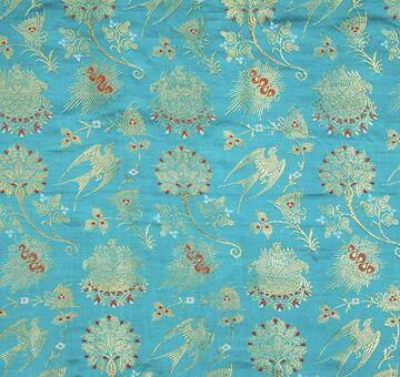 Brocade swallows and radiant clouds, handwoven silk with gold, turquoise