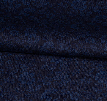 Dark blue linen fabric with floral print, 100% linen