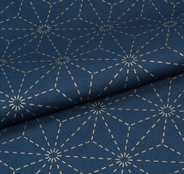 Sashiko fabric by the meter with wash-out hemp leaf pattern, indigo blue
