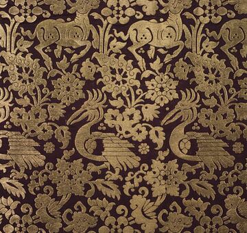 Persian brocade with deer and pelicans, pure silk, purple and gold