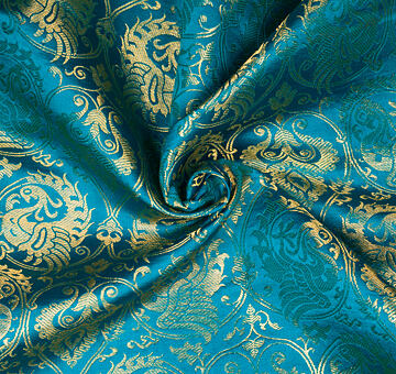 Brocade with cranes and palmettes, handwoven silk with gold, petrol blue