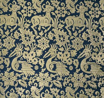 Persian brocade with deer and pelicans, pure silk, blue and gold