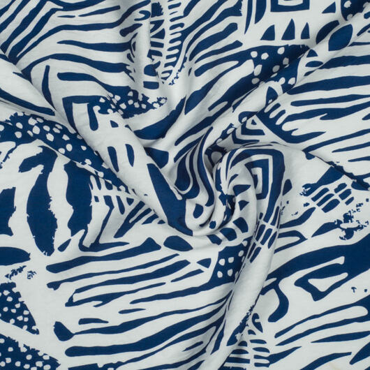 Lightweight rayon poplin dress fabric, dark blue abstract print