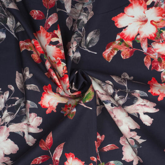 Cotton batiste dress fabric with floral print, dark blue