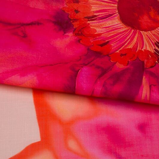 Fine ramie fabric, floral, pink and orange