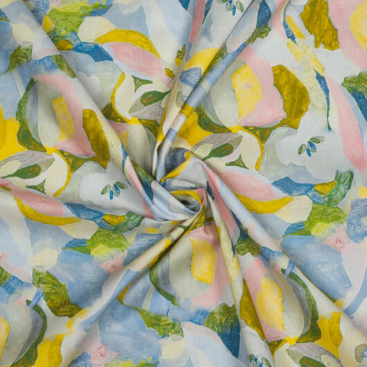 Cotton batiste dress fabric with floral print, blue and yellow