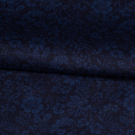 Lněné plátno květinový vzor, tmavě modré