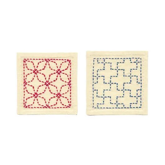 Sashiko starter kit 10 x 10 cm HEMP LEAF and LINKED CROSSES, ecru