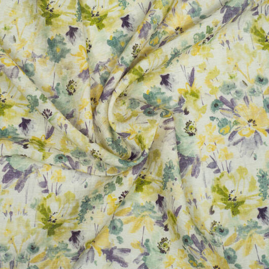Lightweight poplin dress fabric, rayon blend, yellow floral print