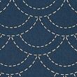 Cotton sashiko fabric with wash-out waves pattern, indigo blue